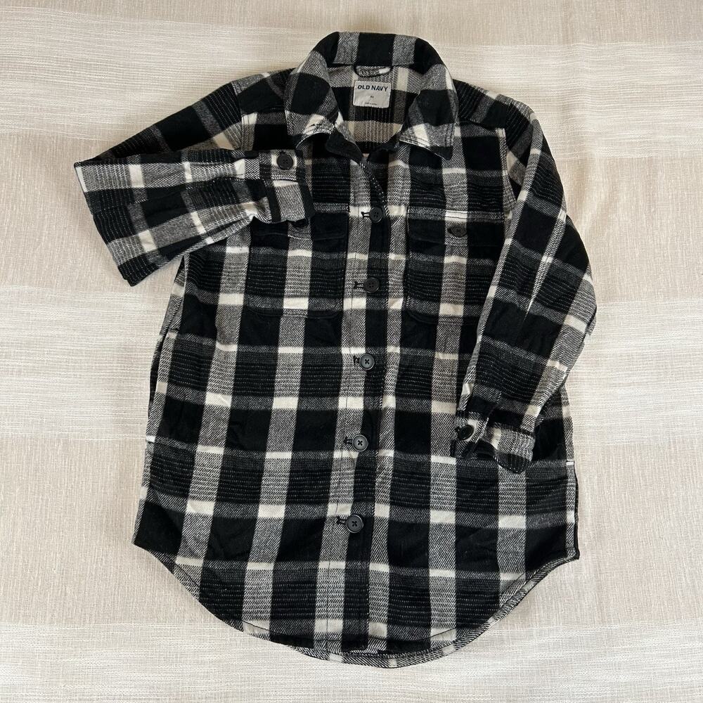 Old Navy Womens XS Black White Plaid Flannel Shirt Shacket Oversized Long Pocket